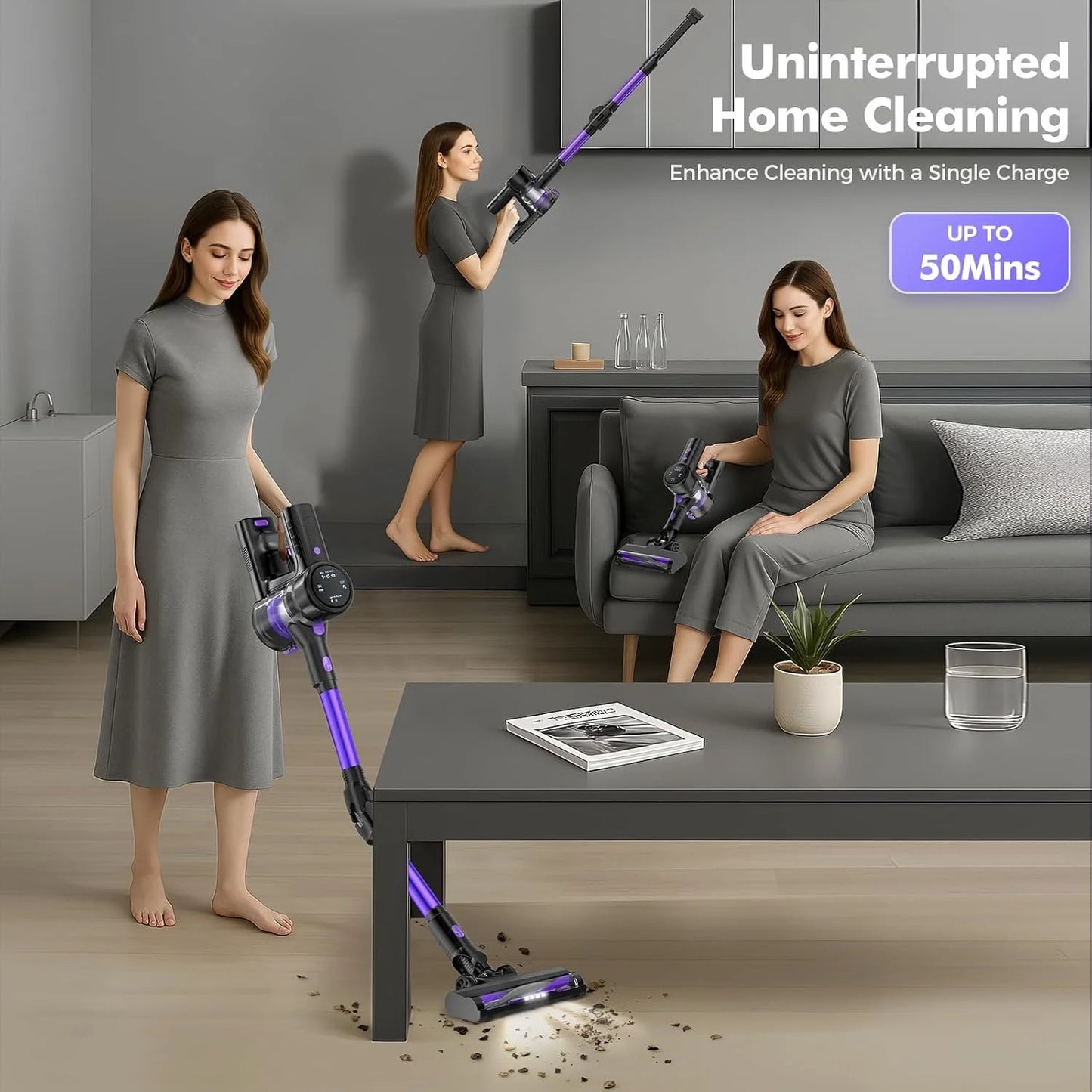 Cordless Vacuum Cleaner, 40KPa/50Mins/3 Modes, Cordless Stick Vacuum with LED Display & Foldable Lightweight Design, Rechargeable Handle Cleaners for Home, Pet Hair, Carpet, Hard Floor
