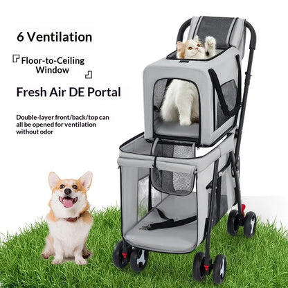 Luxury Double-Layer Eco-friendly ABS Material 4-Wheel Pet Stroller Small Large Dogs Cats Lightweight Travel Pet Carriers