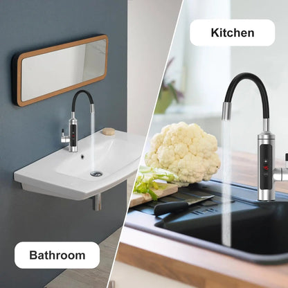 3000W Stainless Steel Electric Heating Tap, Electric Kitchen Tap Instantaneous Water Heater with LCD Temperature Display,360° Rotatable Hot Water Tap for Kitchen Bathroom