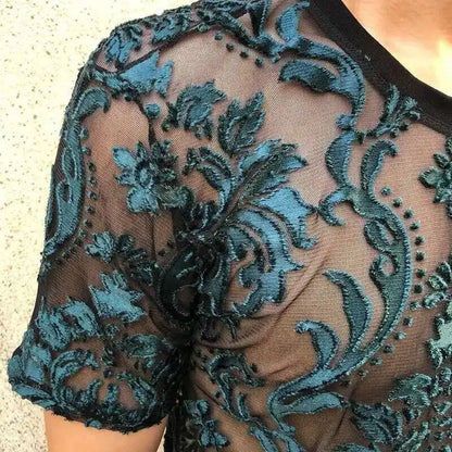 Sexy Round Neck T Shirt Soft Velvet Slim Men Clothing Nightclub Short-sleeved Top Quality Transparent Floral T Shirt See Through