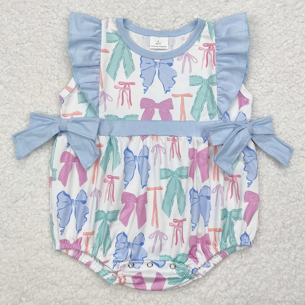 New Fashion Baby Infant Girls Rompers Bow Pink Flutter Sleeve Rompers Boutique Toddler Girls Bubble Rompers Onesie Wholesale Hot