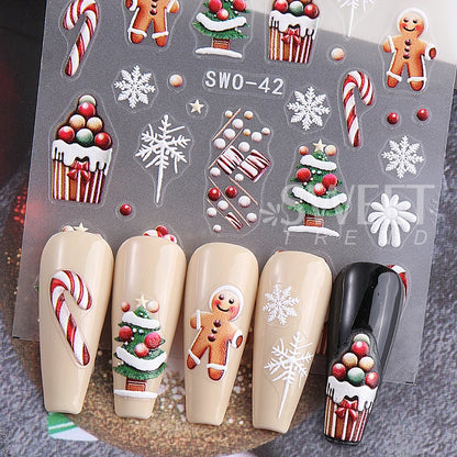 5D Embossed Christmas Nail Stickers Gingerbread Man Snowflake Snowman Penguin Nail Decal Autumn Winter Nail Supplies Decoration