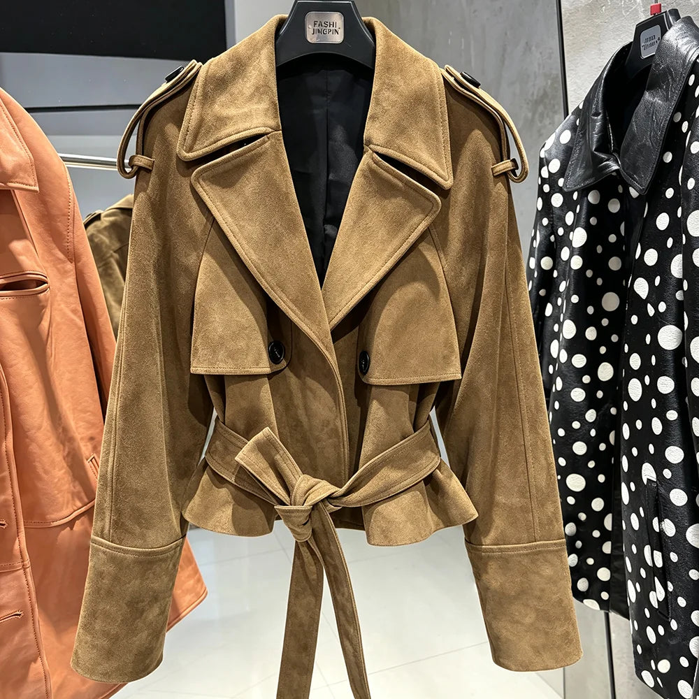YOLOAgain Vintage Grain Leather Jacket Women Real Leather Sheepskin Jacket With Belt