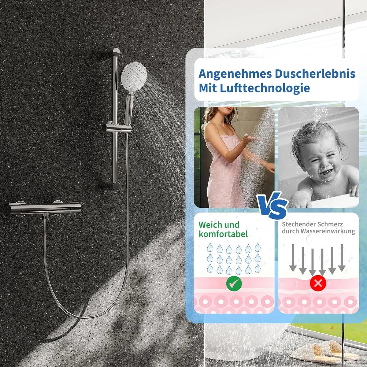 Bathroom Shower Faucet Wall-mounted Bathtub Mixer Taps Thermostatic Bath Tub Showers System Set with 3 Modes Rain Handheld
