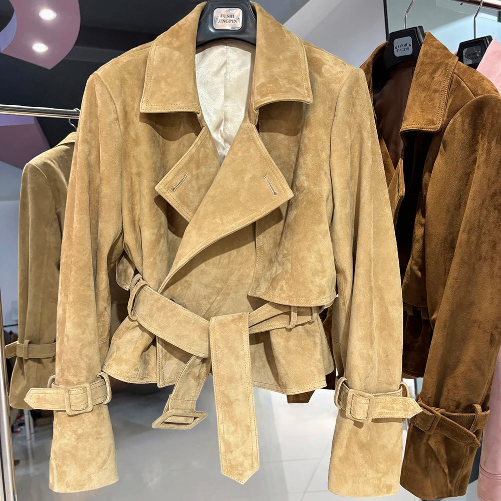 YOLOAgain 2025 Autumn Elegant Real Leather Jacket Coat Women Oversized Leather Jacket With Belt