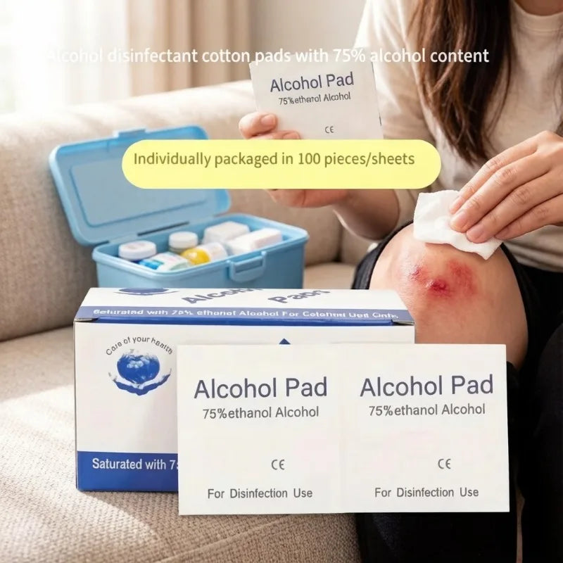 First aid box essential, 75% alcohol swabs 100 pieces per pack, skin wound disinfection and cleaning supplies