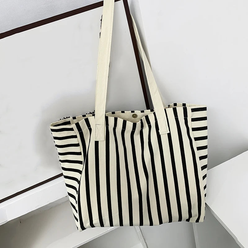 Striped Canvas Bag Beach Handbag Fashionable Women's Canvas Summer Large Capacity Shoulder Bag