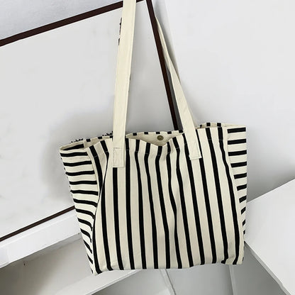 Striped Canvas Bag Beach Handbag Fashionable Women's Canvas Summer Large Capacity Shoulder Bag