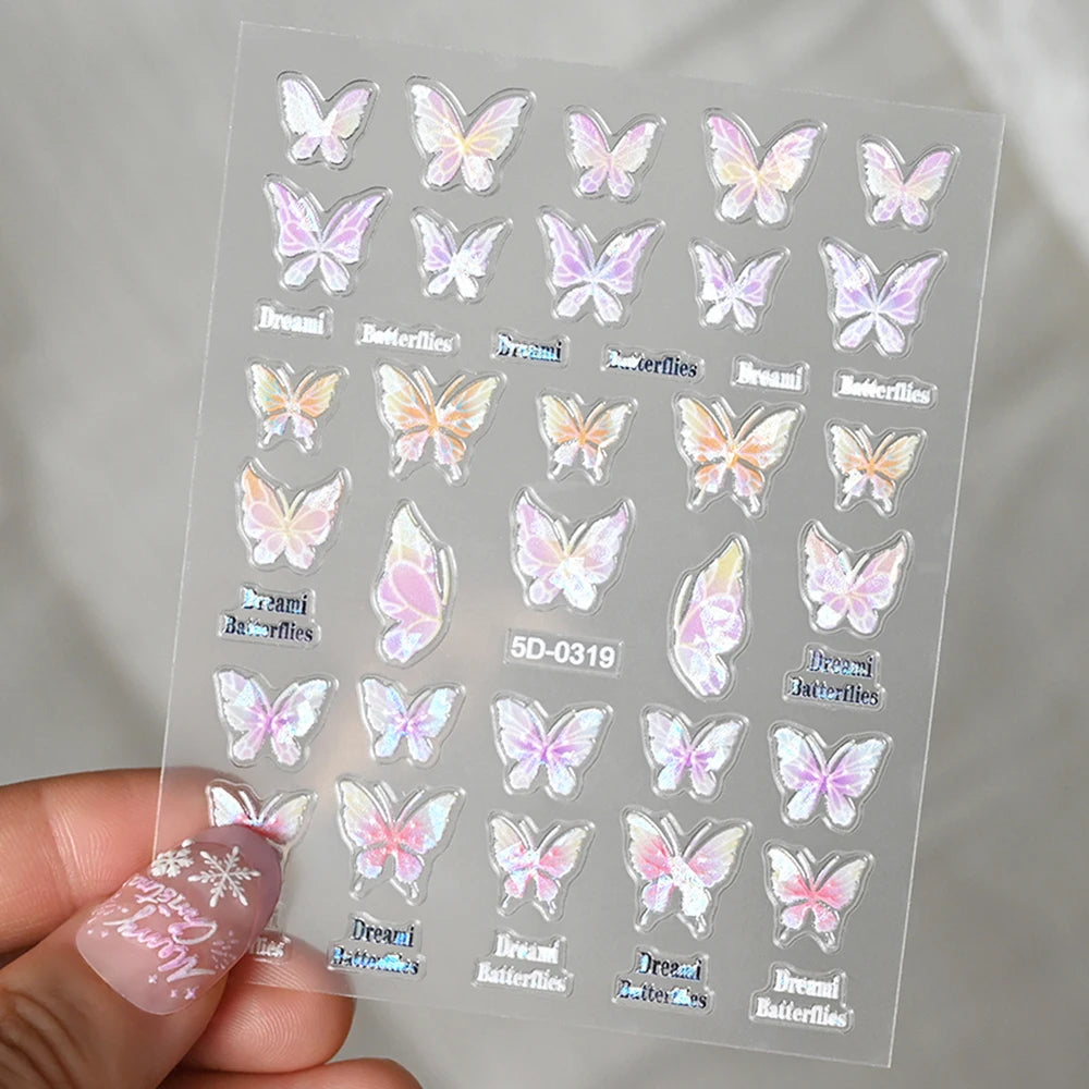 5D Hibiscus Flower Nail Embossed Sticker Acrylic Pink White Gold Petal Leaf Adhesive Decal Butterfly Dragon Floral Elegant Decor