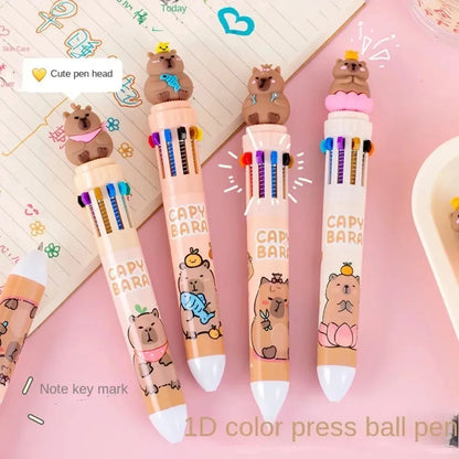 10-Color Kawaii Capybara Multifunctional Gel Pen 0.5mm Fine Tip Cute Cartoon Brown Pen for Office School Student Stationery