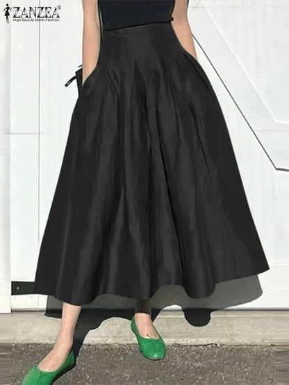 ZANZEA Fashion Holiday Faldas Mujer Casual Women Solid Color High Waist Jupe Femmes Elegant Commute Pleated Front Midi Skirts