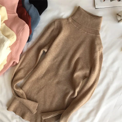 2026 Autumn Winter Sweater Women Knitted Ribbed Pullover Sweater Long Sleeve Turtleneck Slim Jumper Soft Warm Pull Femme