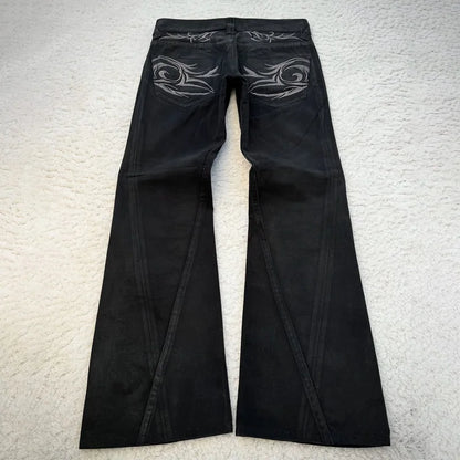Vintage X Ray Waxing Tribal Embroidery Men's Flared Jeans Gothic High Street Unisex Punk Slim Fit Jeans Y2K Baggy Flared Jeans