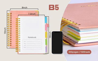 Extra Large Hardcover Spiral Notebook - with Removable Dividers & Tabs, 300 Pages Faux Leather Cover,For School,Office,Planner
