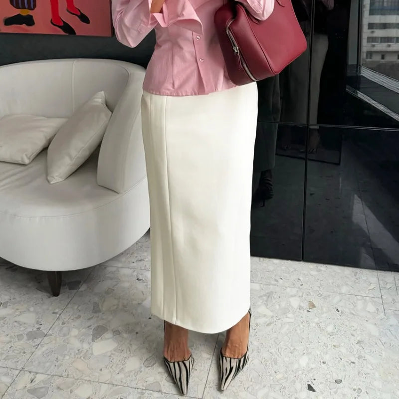Tsiisd Commuting White Straight Leg Maxi Skirt Women Fashion High Waist Slim Casual Patchwork Party Outfit Female Maxi Skirt New