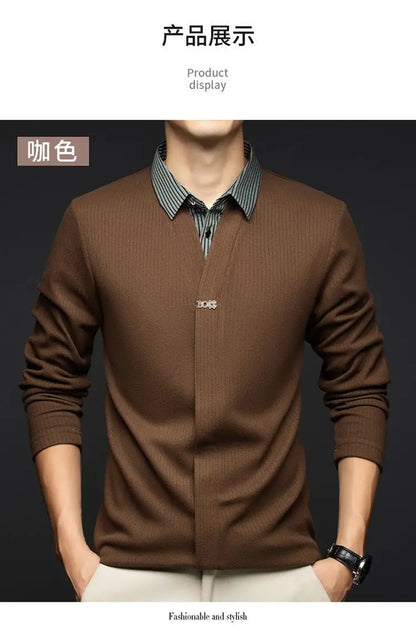Autumn Winter Fake Two Sweaters Knitted Business Fashion Turn-down Collar Thermal Long Sleeve Men Patchwork All-match Pullover