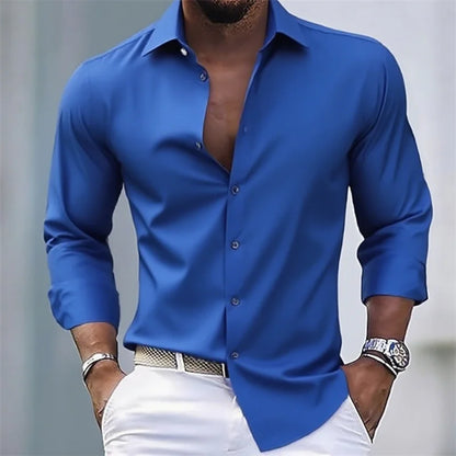 Solid Color Men's Casual White Shirt, Fashionable Casual Long Sleeve Stretch Fabric, Business Formal Shirt, Comfortable Fabric