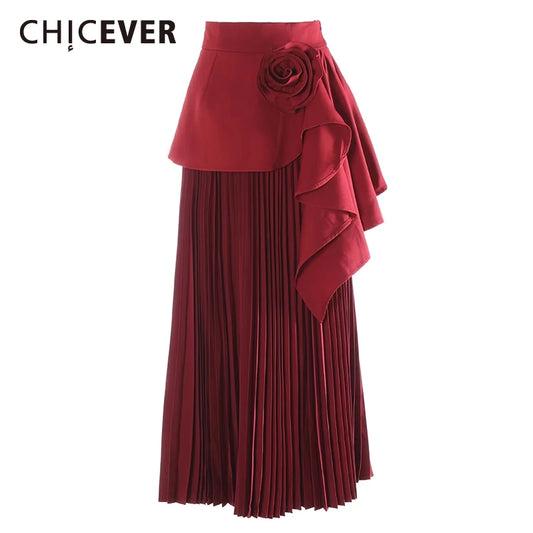 CHICEVER Elegant Spliced Asymmetrical Ruffles Skirts for Women High Waist Patchwork Appliques Pleated Long Skirt Female Spring