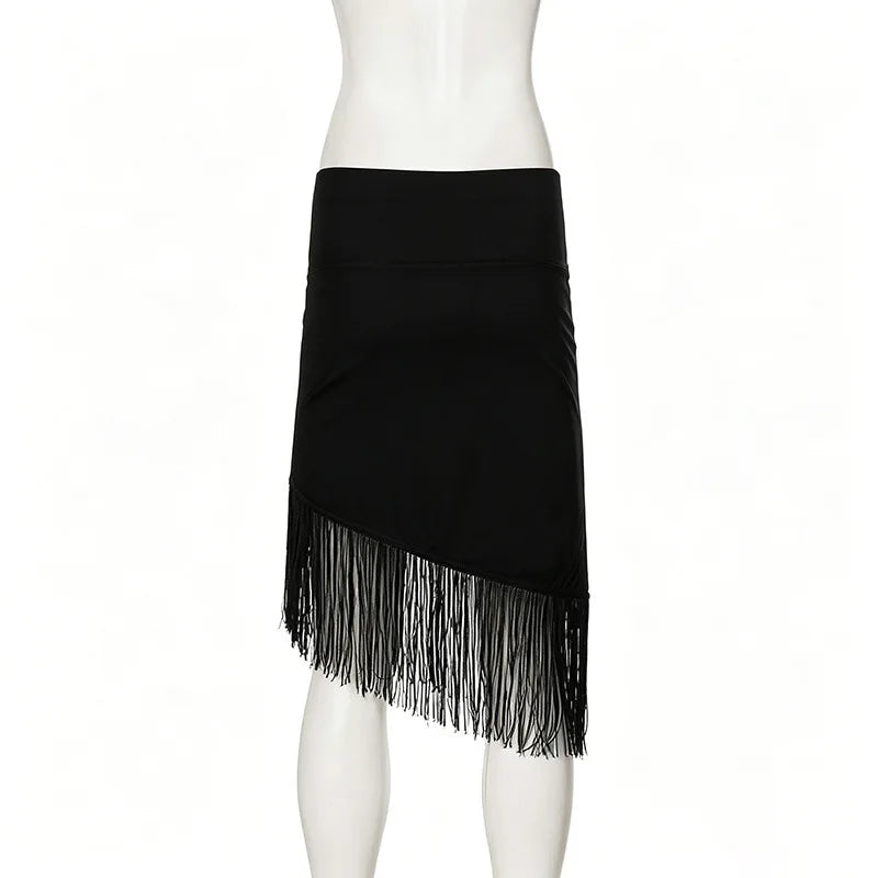 European American Low Rise Elegant One Piece Tassel Skirt Knitted Irregular Strap Wrapped Mid Length Skirt