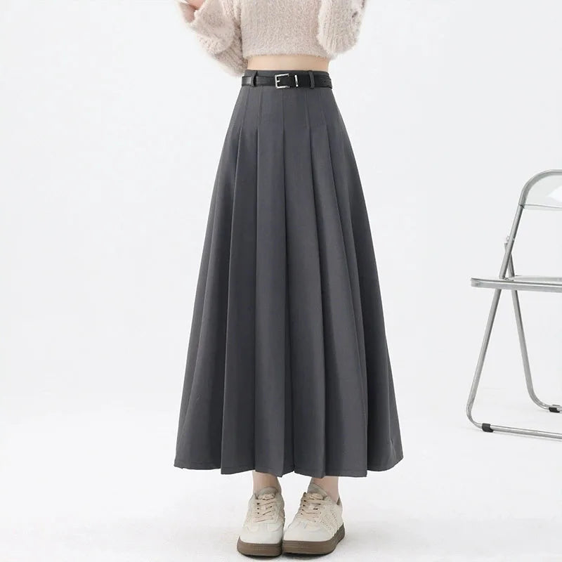 2026 New Women's Pleated Maxi Skirts Autumn High Waisted Zipper Jk Long Skirt Woman Elegant Loose Design Big Swing A-Line Skirts