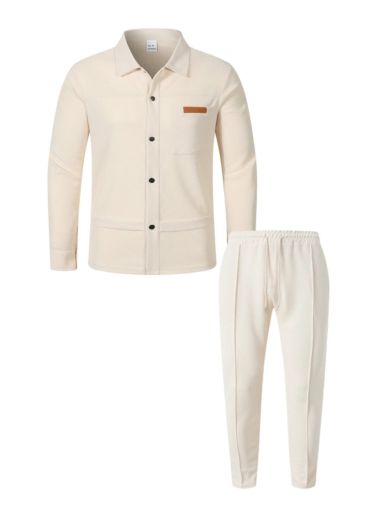 2026 Men's New Style Waffle Plain Color Collar Button-Down Pockets Long-Sleeved Pants Casual Jacket Set