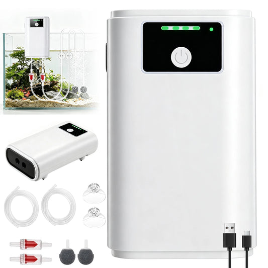 White USB Rechargeable Aquarium Air Pump, Dual Outlets Oxygen Aerator with 2600mAh Battery, Automatic Power Outage Backup for Fish Tank, Outdoor Fishing & Live Fish Transport