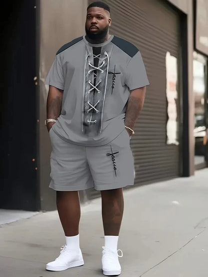 Denim Graphic T-shirt And Shorts 2-piece Set 2025 Plus Size Men's Clothing Casual Loose Drawstring Waist Shorts Short Sleeve Top