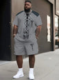Denim Graphic T-shirt And Shorts 2-piece Set 2025 Plus Size Men's Clothing Casual Loose Drawstring Waist Shorts Short Sleeve Top
