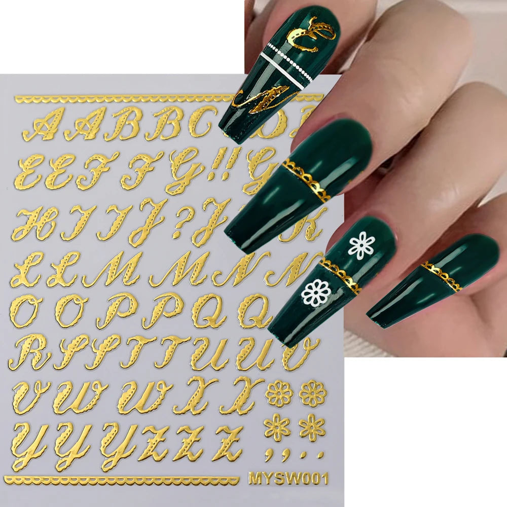 1Pc 3D Roman Letter Nail Stickers Gold/Silver/Black/Laser Alphabet Self Adhesive Decal Y2K English Words/Number Manicure Sliders