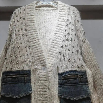 DEAT Women's Cardigan V-neck Patchwork Denim Pockets Diamonds Loose Long Sleeve Knitted Sweaters 2026 New Autumn Fashion 29A3243