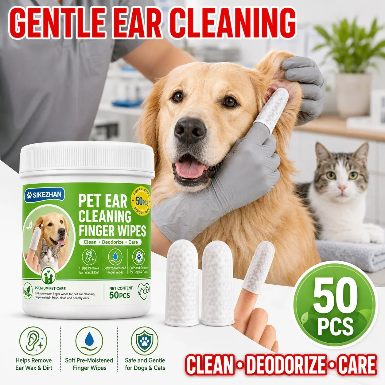 SIKEZHAN 50 Count Pet Ear Cleaning Finger Wipes, Safe Gentle Soft Pre-Moistened Wiping Sleeves for Dogs Cats Wax Dirt Remover