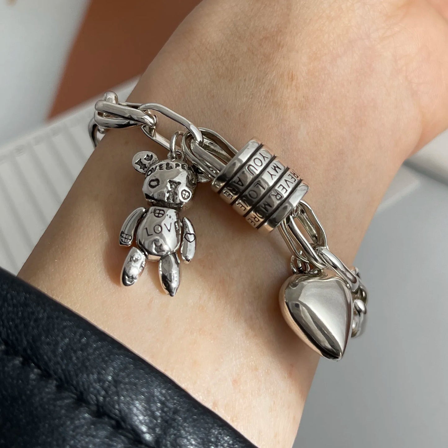 100% Solid 925 Sterling Silver Retro Bracelet for Women Men Vintage Handmade Heart Bracelet Birthday Gift