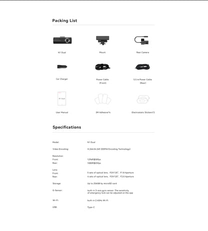 DDPAI Dash Cam  N1 Dual Front & Rear Recording NightVIS 1296P Dash Cam Recorder Car DVR   App Control
