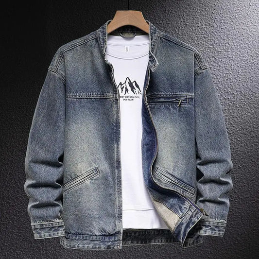 Denim Jacket Men's American Motorcycle Stand Collar New Spring and Autumn Trendy Brand Loose Cycling Bomber Jacket Top