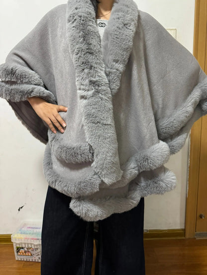 2024 Women 2 Circle Wraps Long Faux Rabbit Fur Cape Poncho Winter Loose Thick Warm Shawl Outerwear Knitted Cloak Overcoat