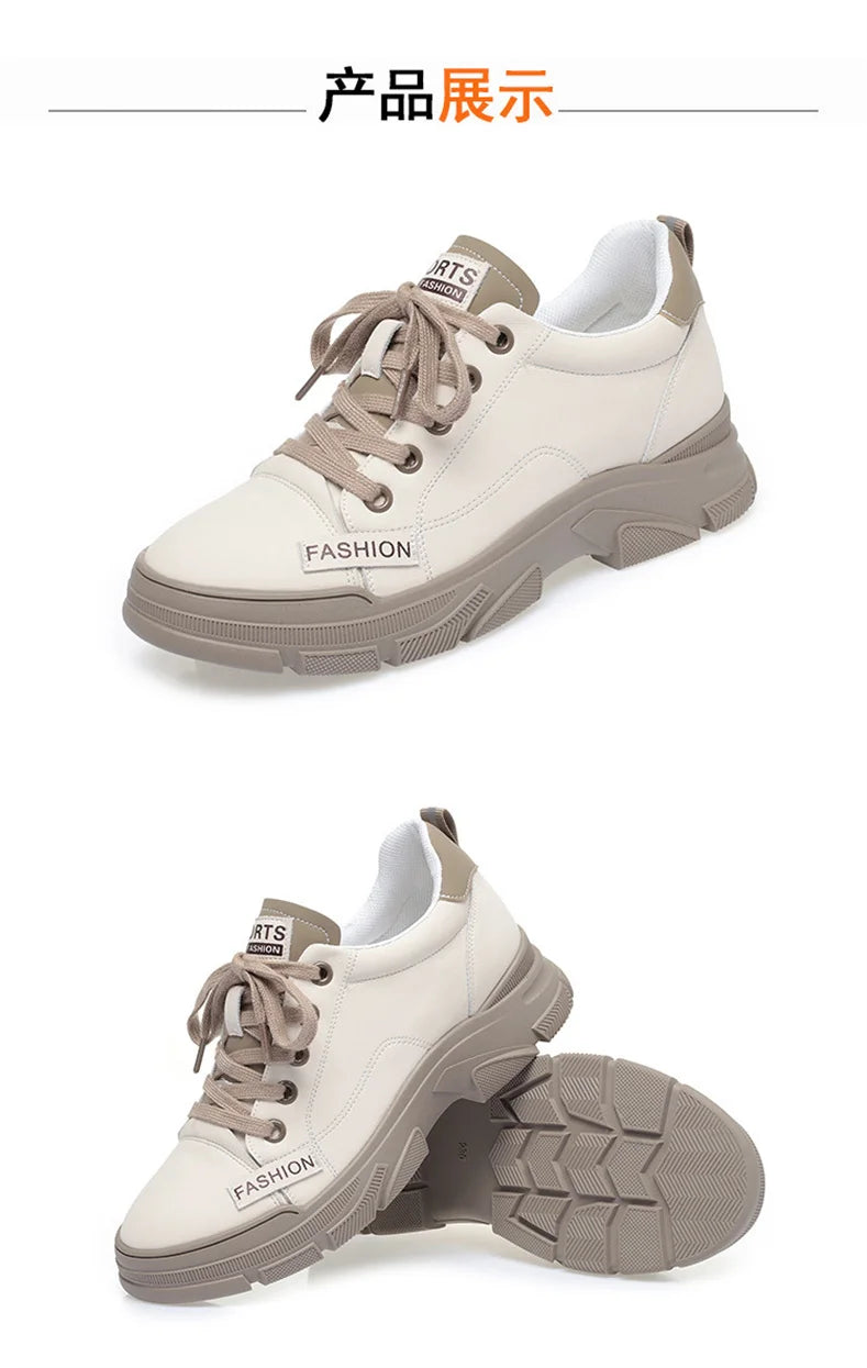 Spring Non-slip Soft Leather Sneaker Trekking Footwear New Women's Thick-soled Lace-up Leisure Skateboard Sports Shoes