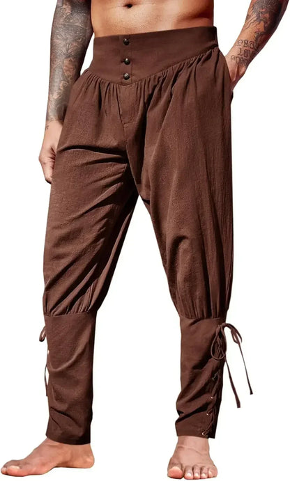 Mens Medieval Ankle Pants Renaissance Viking Pirate Lace Up Tapered Halloween Linen Costume Trousers Cargo Pants