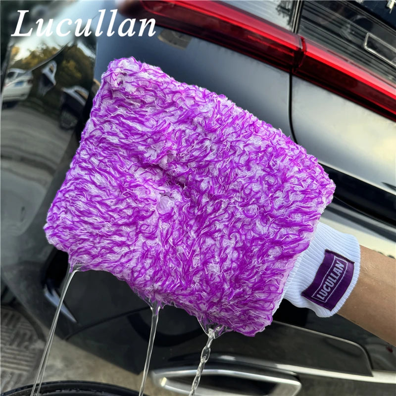 Lucullan Logo Premium Purple Microfiber Glove Super Absorbency Foam Stitch Inner Lining Car Wash Mitt