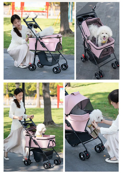 Pet Transport Stroller Dog Cat Portable Foldable Lightweight Detachable 4-Wheel Oxford Mesh Small Medium Push Cart