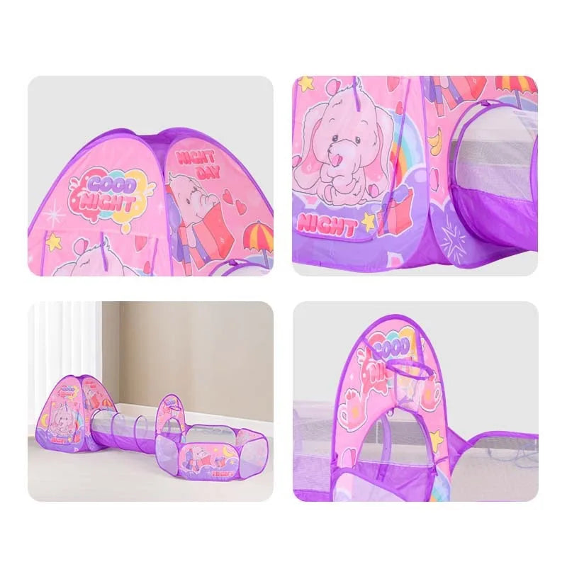 3 in 1 Pink Elephant Kids Play Tent with Crawl Tunnel & Ball Pit, Pop Up Foldable Toddler Playhouse, Breathable Mesh Safe Play Toy Indoor Outdoor Large Space for 2-3 Kids Ages 1-6，Quick Setup & Easy Storage with Carry Bag