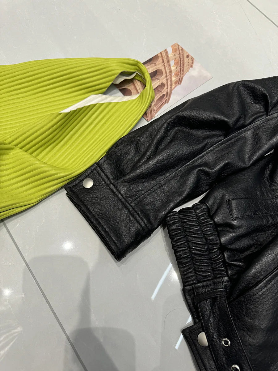 New Outerwear Leather Jacket Women American Retro Top Sheepskin Bubble Leather Double Lapel Loose Profile Coffee Locomotive Coat