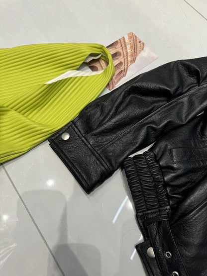 New Outerwear Leather Jacket Women American Retro Top Sheepskin Bubble Leather Double Lapel Loose Profile Coffee Locomotive Coat