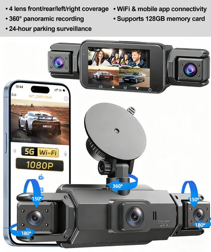Dashcam 4 Channels WiFi Car DVR Dashboard Cameras for Car Way Back Box Parking Mode 24H Front and Rear Interior 360 Dash Cam