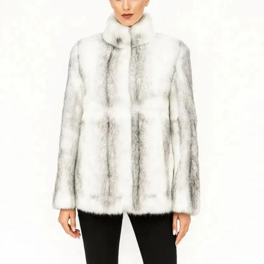 Women Real Rabbit Fur Coat High Collar Winter Jacket Make of One Rabbit Fur Cross Mink Pattern