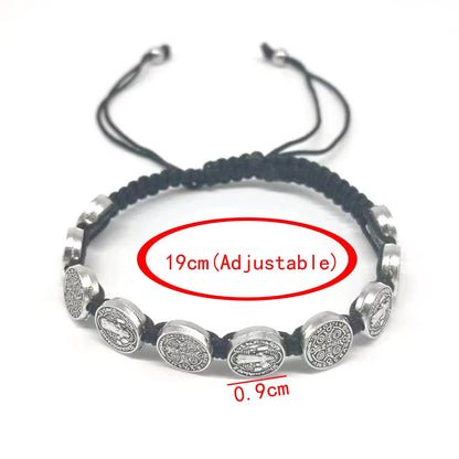 Vintage Virgin Mary and Jesus Exorcist Holy Card Hand Woven Adjustable Bracelet for Men's Religious Jewelry
