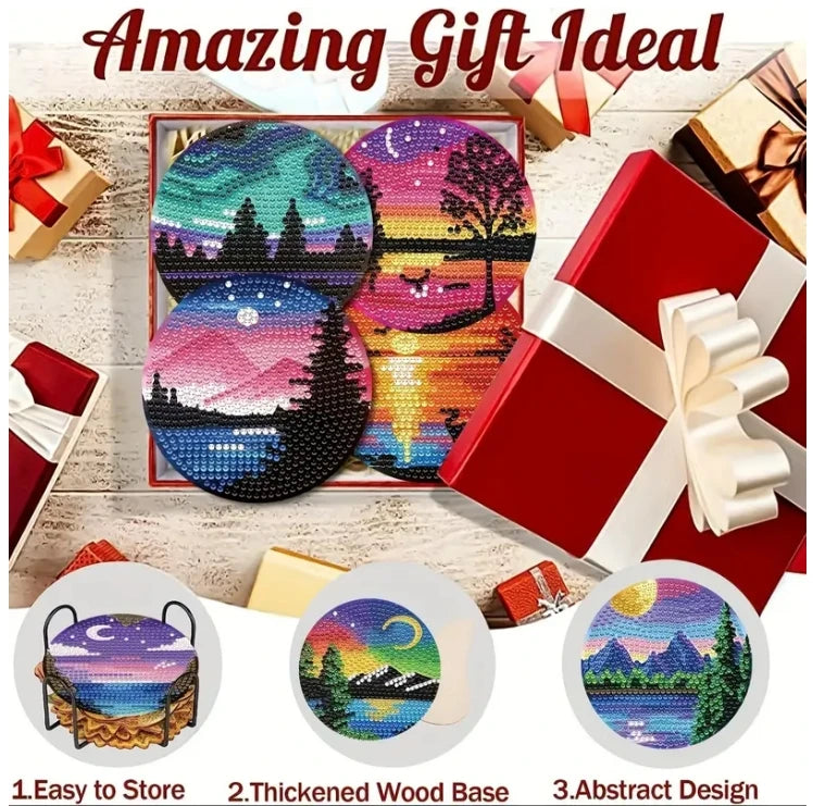 8pcs/Set DIY Diamond Painting Coasters with Holder Anti Slip Wood Drip Mats Crystal Rhinestones Diamond Art Coasters for Adults