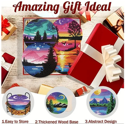 8pcs/Set DIY Diamond Painting Coasters with Holder Anti Slip Wood Drip Mats Crystal Rhinestones Diamond Art Coasters for Adults