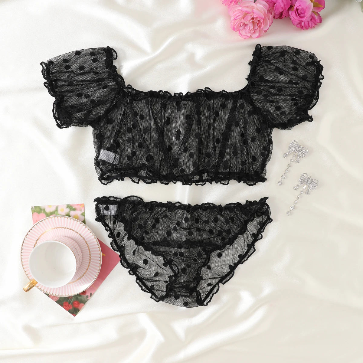 Women 2-Piece Lingerie Dot Embroidery Mesh Fancy Outfit Romantic Underwear Set Bra And Panty Sets