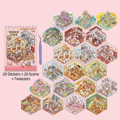 3D Diorama Sticker Book 20 Pages Mini Scene Cute Cartoon Animal Ghosts Theme DIY Scrapbook Toy Fun Stress Relief Kids Adult Gift