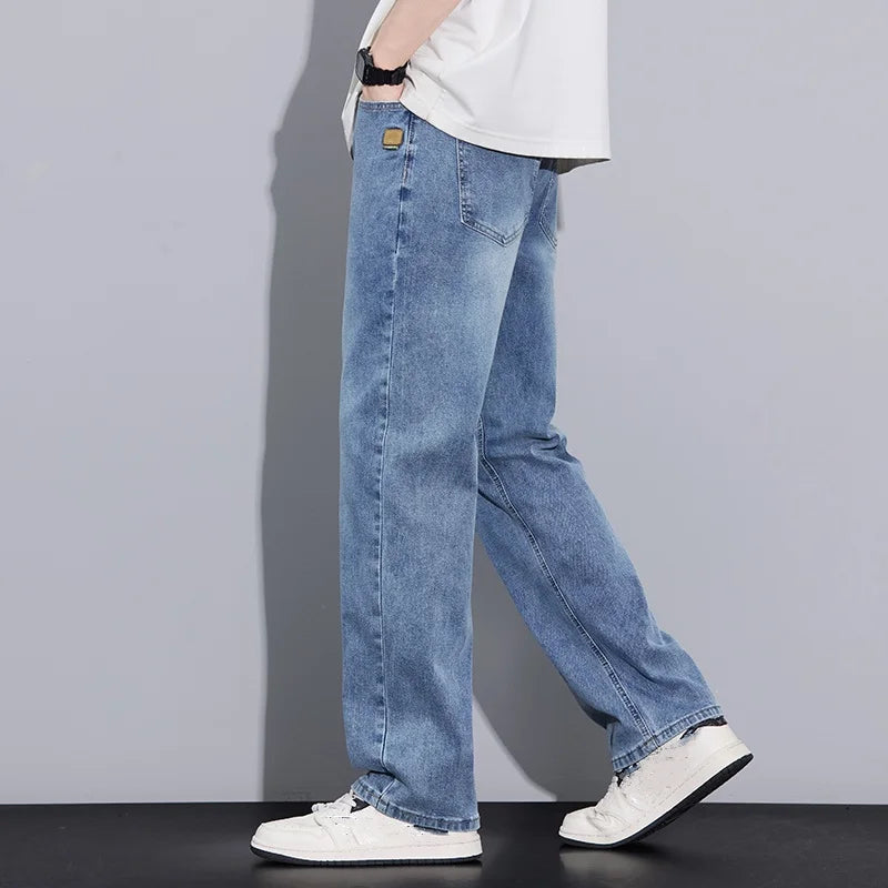 New Arrival American Vintage Wide Leg Elastic Denim Pants for Men Loose Straight Fit Flowy Versatile Casual Pants